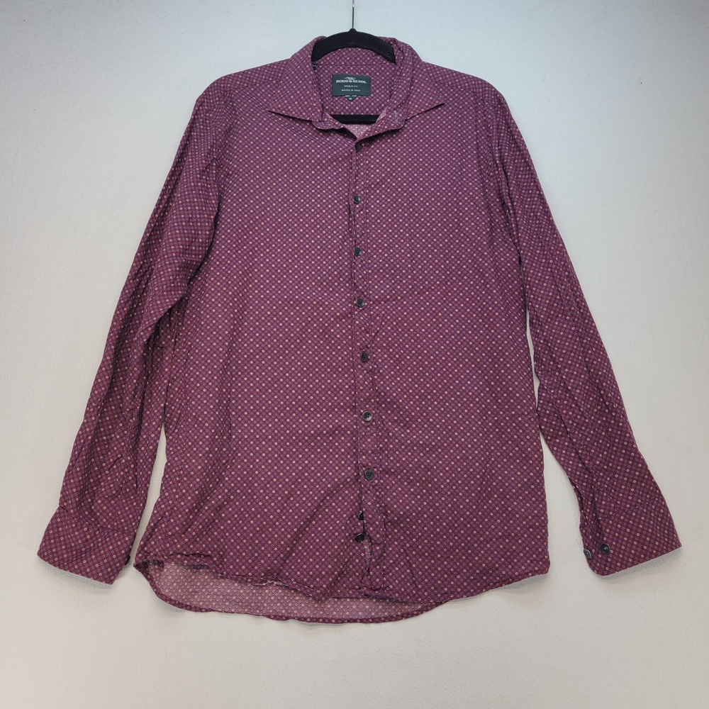 Rodd & Gunn Button Down Mens Medium Burgundy Sports Fit Micro Print Long Sleeve